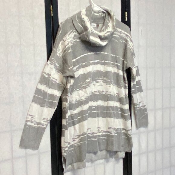 Calvin Klein Cowl Neck Hi Low Knit Tunic Sweater Long Sleeve Swirl Grey White L - Picture 3 of 12